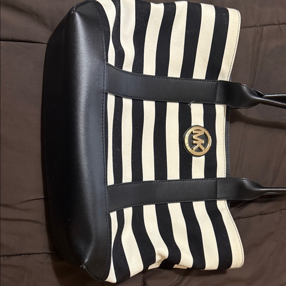 Michael Kors Black and Cream Striped Tote